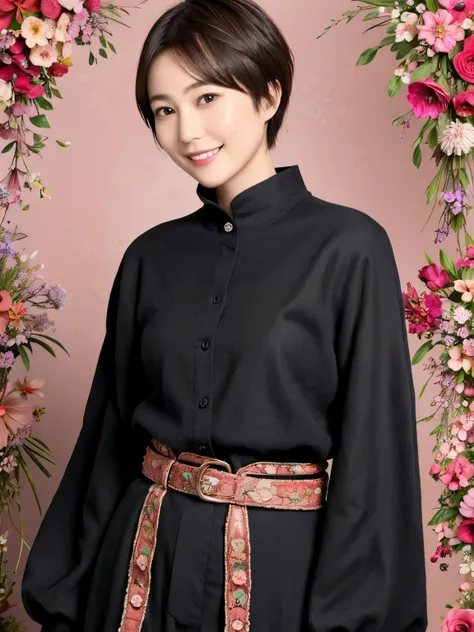 285 (20-year-old woman,short hair) , (A kind smile) , (Colorful flowers) , (belt), (fractal)