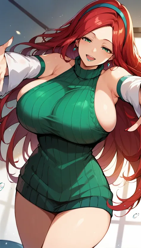 masterpiece, score_9, score_8_up, score_7_up, source_anime, best quality, extremely detailed, 1girl, milf, solo, katarina, (huge breasts:1.1), ((((red hair), long hair, parted bangs, green eyes, half-closed eyes))), blue lips, (((hairband, sleeveless sweat...