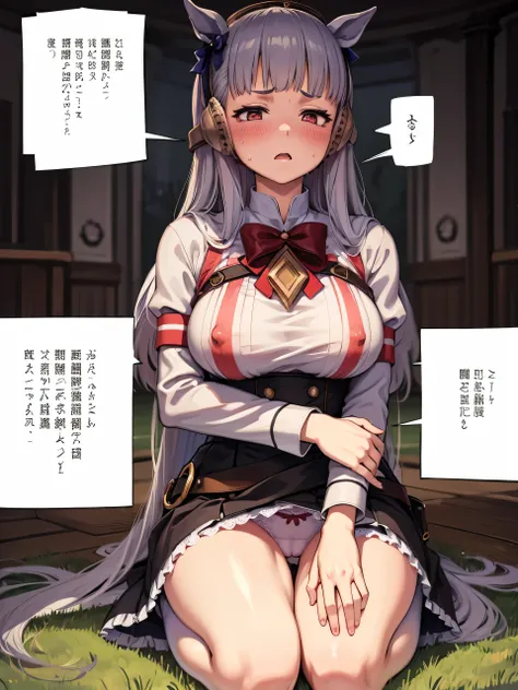 Dark color depiction、、Kindergarteners、、、child、childの小さな体、(masterpiece, Highest quality:1.2), alone, One girl, umpd gold ship、Maid clothes、Lace underwear、Horse tail, blush、Background grassland、Masturbation、masturbation behavior、blush、Sweat、Estrus、Very embar...