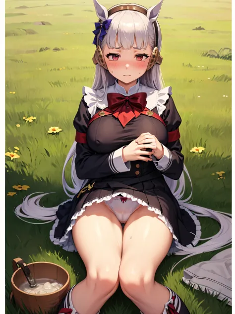 Dark color depiction、、Kindergarteners、、、child、childの小さな体、(masterpiece, Highest quality:1.2), alone, One girl, umpd gold ship、Maid clothes、Lace underwear、Horse tail, blush、Background grassland、Masturbation、masturbation behavior、blush、Sweat、Estrus、Very embar...