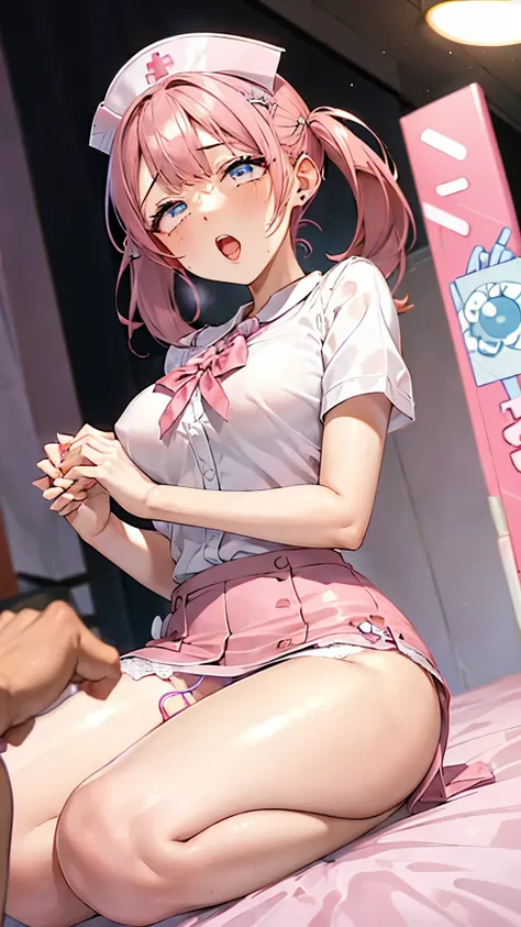 (masterpiece、highest quality、Super detailed)、((1 girl))、((pink hair))、((twin tails))、((light blue eyes))、((ahegao))、((rolling eye))、steam、earrings、((very big breasts))、nurse cap、((white shirt nurse uniform))、((mini skirt))、((pencil skirt lift))、((pink lace...