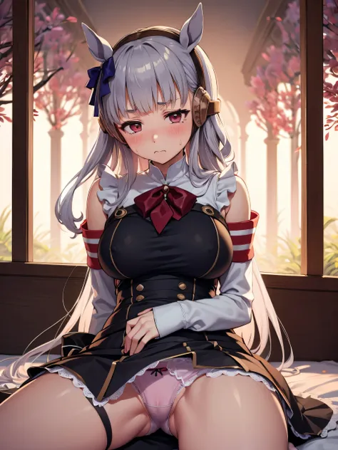 Dark color depiction、、Kindergarteners、、、child、childの小さな体、(masterpiece, Highest quality:1.2), alone, One girl, umpd gold ship、Maid clothes、Lace underwear、Horse tail, blush、Background grassland、Masturbation、masturbation behavior、blush、Sweat、Estrus、Very embar...