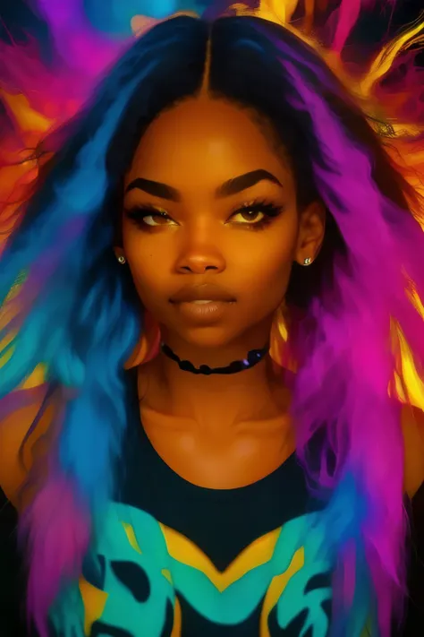 high resolution eye contact of black woman with dreadlock hair and dark theme. (((colorful lighting))).