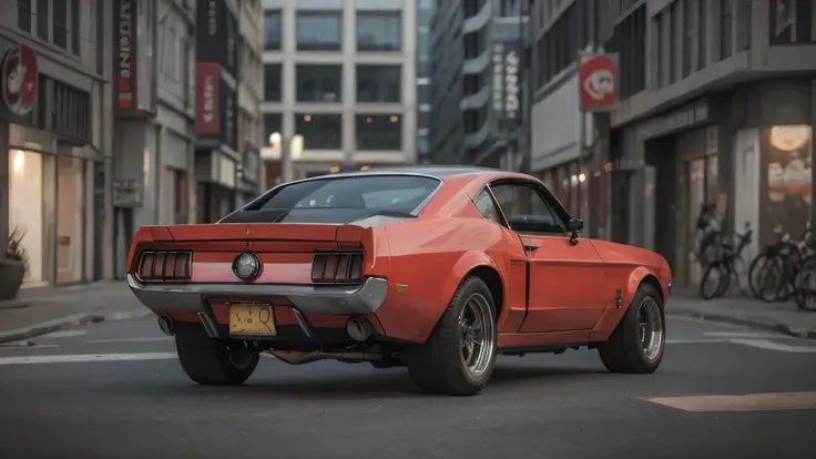 in a notebook page with thin blue lines, detail of a 1970 ford mustang mach 1. car, bright red body with black stripes, parked o...