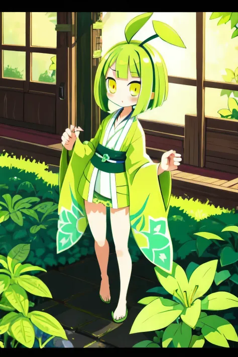 plant fairy alraune beautiful girl green hair bob hair bangs yellow eyes round eyes lower body is plant kimono clover vine root