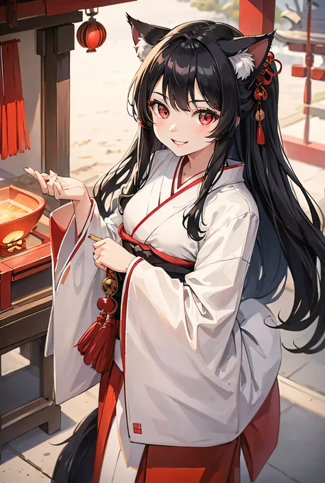 One Girl, Long Hair, Big smile, Black Hair, Red Eye, White kimono, shrine, Highest quality, High-resolution models, Cat ear, Fisheye Shot,