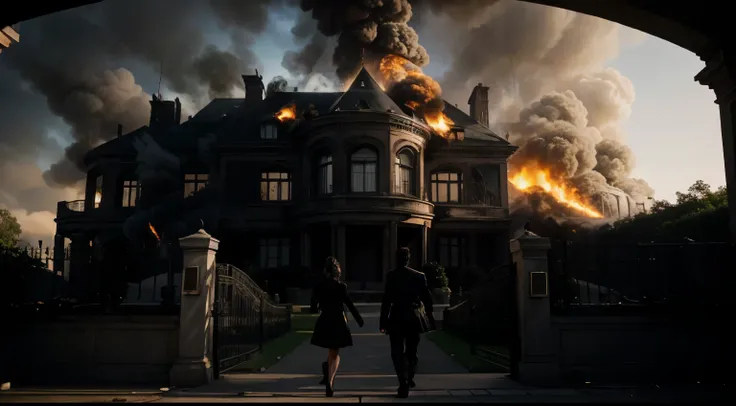 A large mansion with a loud explosion in the background, smoke rising. Silhouettes of panicking guards in the foreground, looking around. Two silhouettes, one lunging forward, colliding with the other, who is falling out of a chair.