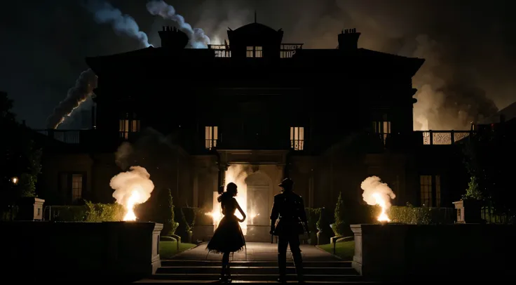 night scene, A large mansion with a loud explosion in the background, smoke rising. Silhouettes of panicking guards in the foreground, looking around. Two silhouettes, one lunging forward, colliding with the other, who is falling out of a chair.