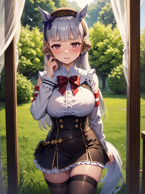 Dark color depiction、、Kindergarteners、、、child、childの小さな体、(masterpiece, Highest quality:1.2), alone, One girl, umpd gold ship、Maid clothes、Lace underwear、Horse tail, blush、Background grassland、Masturbation、masturbation behavior、blush、Sweat、Estrus、Naughty mo...