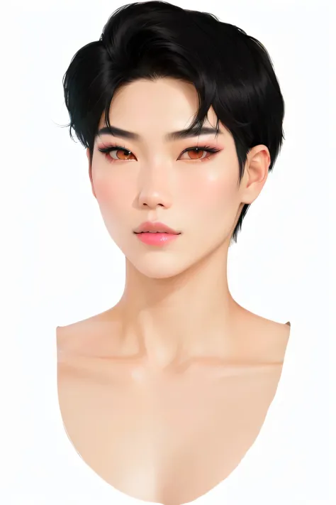 there is a woman with a short black hair and a pink lip, detailed face of a asian boy, pointed chin, androgynous face, korean symmetrical face, detailed face of a asian girl, boy thin face, asian face, cleft chin, portrait of kpop idol, single realistic fa...