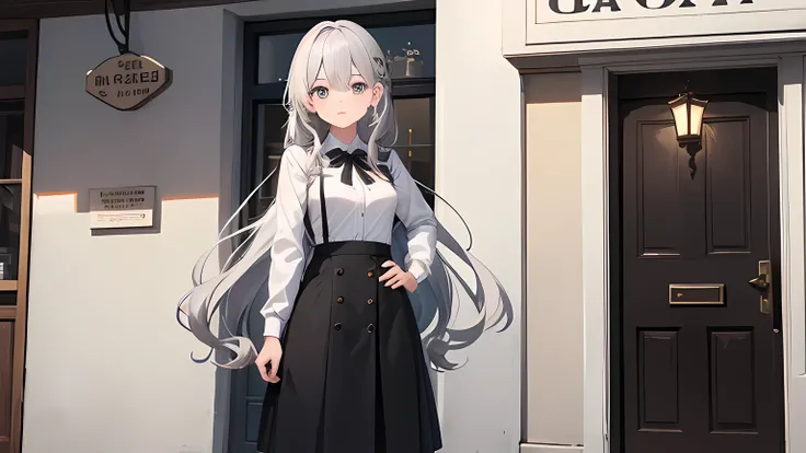 Cute girl in her 20s. Standing at the entrance of a cute cafe. Her hair is silver. Long hair. Lightly curly hair. Dressed in a white collared shirt and black skirt. She has a thin body