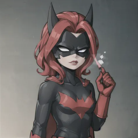 batwoman, superhero, bat print, 1girl, kid, female kid, little kid, red hair, lipstick, mask, makeup, small breasts, short hair hair, red lips, red gloves, black bodysuit, red lips, belt, cape, pointed arm accessory, forest background