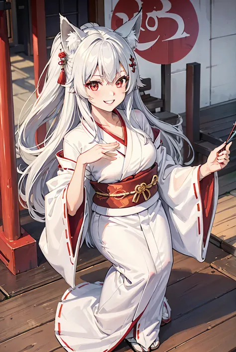 One Girl, Long Hair, Big smile, Silver Hair, Red Eye, White kimono, shrine, Highest quality, High-resolution models, Fox ears, Fisheye Shot,