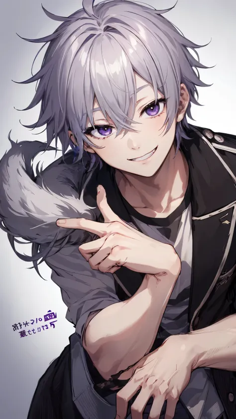 male、Only 1 person、solo、Gray-haired、purplish white eyes、Crazy Smile、Short, unkempt hair、Portraiture 、good looking 、Hair covering the right eye、Wicked Smile、dark、short