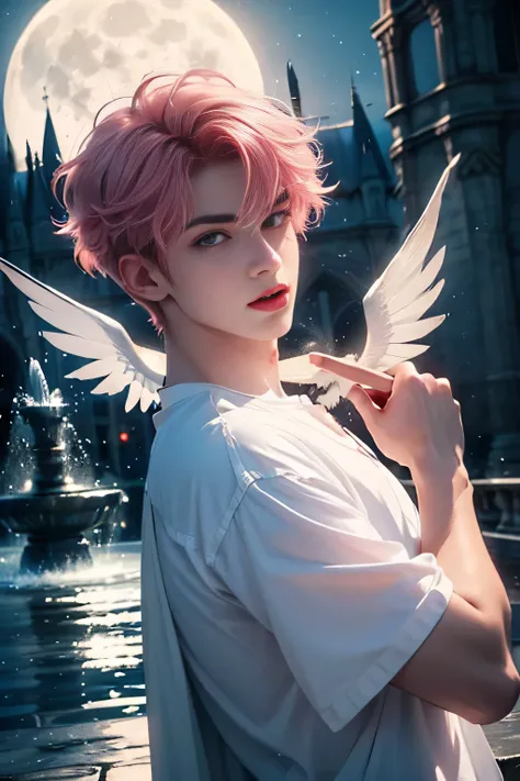 ((Best quality)), ((masterpiece)), 8k (detailed), ((perfect face)) ((halfbody)), perfect proporcions, he is a cute angel, he has short pink hair, wavy hair, he has red lips, sweet look, big eyes, he dresses in white, he has white wings, there is a fountain...