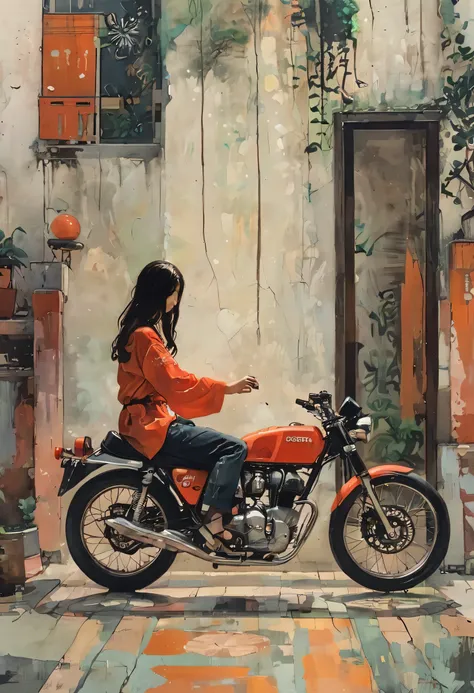 Girl riding a Ducati motorcycle、Motorcycle design featuring traditional Japanese patterns、A beautiful girl wearing a racing suit with a Japanese pattern、Japanese traditional art、Kimono-like Japanese style、Japanese style、Shangri-La、Pop Art、psychedelic、Highe...