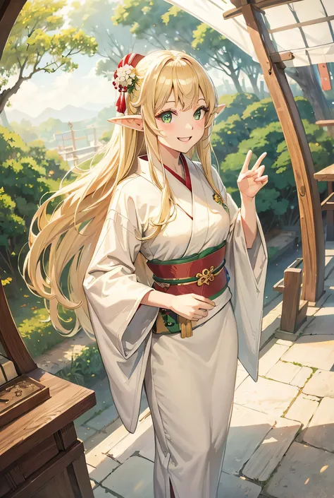 One Girl, Long Hair, Big smile, Blonde, Green Eyes, White kimono, shrine, Highest quality, High-resolution models, Elf, Fisheye Shot,
