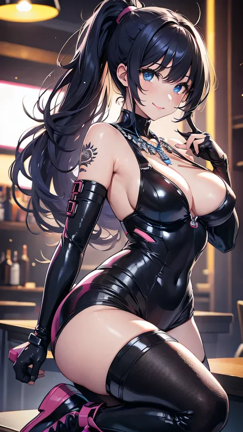 最high quality、Best image quality、masterpiece、and((cute、1、Best Bust、Big Bust、Beautiful Blue Eyes、Spread your chest wide,Black Hair、ponytail、Disheveled Hair、thin、Highest valley、Cyber Suit、smile、necklace、Show the whole body、Cyber Wings、Cyber Shoes、dance)）high...