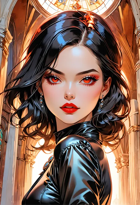 a comic fantasy art of a female vampire wearing black leather dress that has  ((full body: 1.5)), exotic beautiful female vampire l((anatomically correct: 1.5), (ultra detailed face: 1.2), best detailed face, busty,  ((black leather dress: 1.5)), intricate...