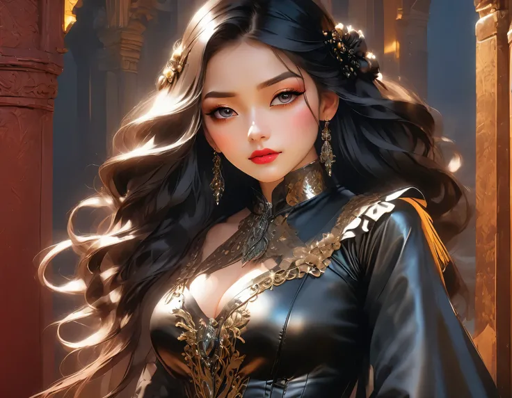 a comic fantasy art of a female vampire wearing black leather dress that has  ((full body: 1.5)), exotic beautiful female vampire l((anatomically correct: 1.5), (ultra detailed face: 1.2), best detailed face, busty,  ((black leather dress: 1.5)), intricate...