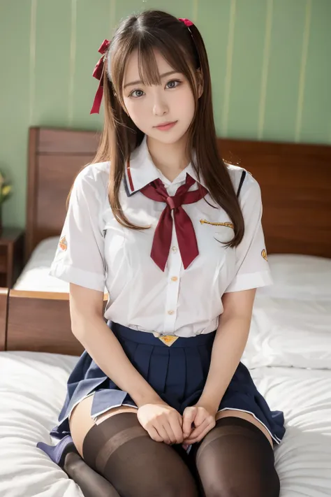 ((masterpiece)), ((Highest quality:1.4)), (Super detailed:1,4) , Professional, (4K Photos:1.1) 、Teenage girl sitting on bed in room, Cute school girl, (Ultra-realistic pantyhose:1.3), Japanese girls uniform,  seifuku, Realistic Young Gravure Idol, Browsing...