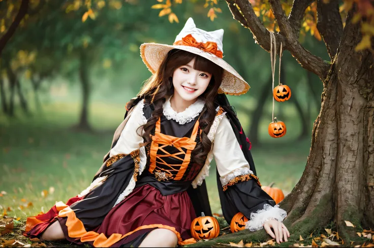 Highest quality　masterpiece　detailed　A super cute  is smiling and dressed for Halloween, sitting on a tree branch　Photo style　Fantasy　Fantasy