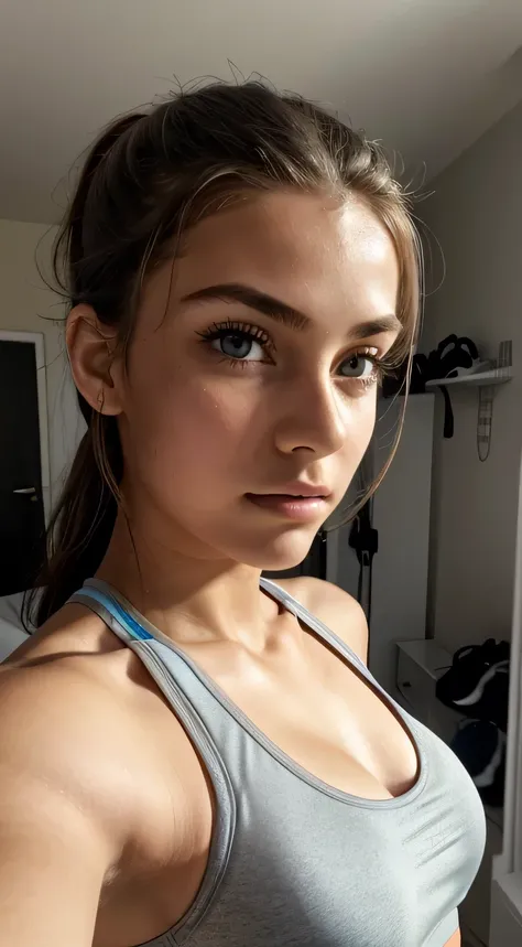 a girl in a bedroom selfie angle, wearing a nike sports bra, beautiful detailed eyes, beautiful detailed lips, extremely detailed face and skin, long eyelashes, athletic body, natural lighting, soft focus, intricate details, high quality, realistic, photor...