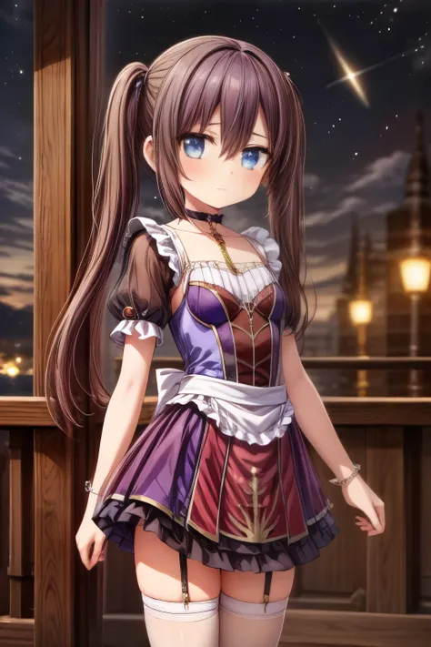 girl, located in the corner, looking at the sky, solo, Mona (Genshin Impact), choker, hair between eyes, star (symbol), long hair, dark purple hair, twintails, blue eyes, shining eyes, jewelry, witch, maid, bangs, purple black dress, purple skirt, white ap...