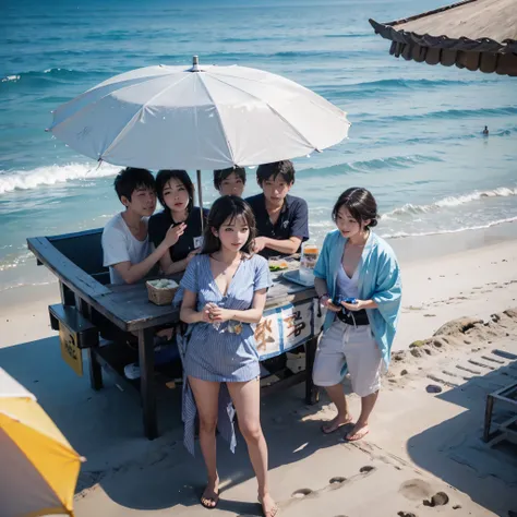 several men,several women,drinking,eating,,Beach in japan,afternoon,Shonan,Beach House,Parasol,Beer,Ramune,Fried noodles,shaved ice,summer,sunny,Enoshima,Young people,Boat,Japan,Beach,Sandy Beach,play,realistic,8k,multi peaple,smile,
