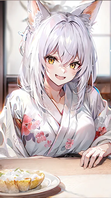 A beautiful white-haired fox girl, wearing an open kimono, with a large bust, smiling, sitting at a table, high quality, legs spread, erotic lower body