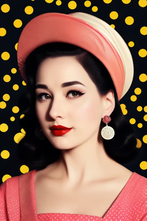 Polka dot background　Woman posing alone　She is wearing red lipstick and small black earrings.、In the shaft of light、　taisho roman　Japanese Manga　America in the 70s　Mary Cassatt、patrick nagel、Staring sarcastic at the camera((Dark Movies))Portraiture