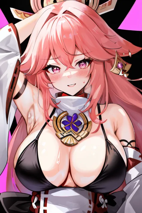 masterpiece, best quality, high revolution yea miko genshin impact, korea girl, eyes wide open, pink hair, black bikini, armpits wrinkles, sweat, beautiful, big breasts, rise hand, smooth skin, pink eyes, sexy, show armpits, sexy armpits