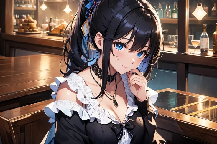 最high quality、Best image quality、masterpiece、and((cute、1、Best Bust、Big Bust、Beautiful Blue Eyes、Spread your chest wide,Black Hair、ponytail、Disheveled Hair、thin、Highest valley、White shirt、smile、necklace、Show the whole body、Black Skirt)）high quality、Beautifu...