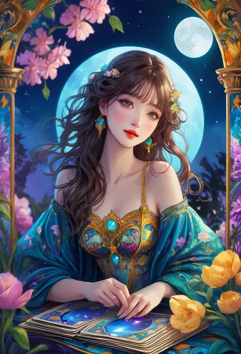 Tarot Cards, beautiful, a girl reading Tarot Cards,Smiling girl,beautiful細部,Detailed lips,Tarot Cards,Ancient Tarot Decks,illustrated Tarot Cards,Vibrant colors,Mysterious atmosphere,Magic Garden,Flowers Bloom,moonlight,Night Sky,Soft glow,Artistic Oil Pai...