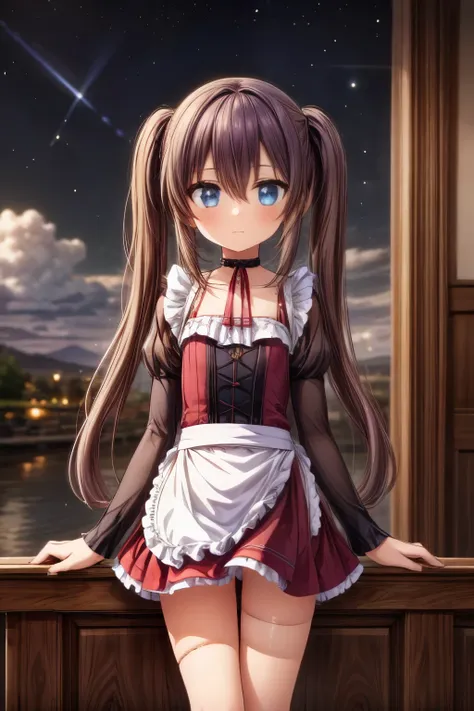 girl, located in the corner, looking at the sky, solo, Mona (Genshin Impact), choker, hair between eyes, star (symbol), long hair, dark purple hair, twintails, blue eyes, shining eyes, jewelry, witch, maid, bangs, purple black dress, purple skirt, white ap...