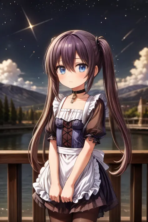 girl, located in the corner, looking at the sky, solo, Mona (Genshin Impact), choker, hair between eyes, star (symbol), long hair, dark purple hair, twintails, blue eyes, shining eyes, jewelry, witch, maid, bangs, purple black dress, purple skirt, white ap...