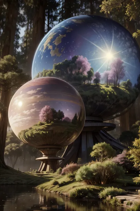 (((masterpiece))) (((best quality))) glass sphere, close-up of a planet with a bunch of trees on it, overgrown planet, green planet, fractal world, fantasy overgrown world, fantasy planet, Dyson sphere, pink planet, 3D render beeple, planetary landscape, r...