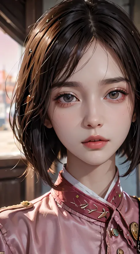 Urzan-6500-v1.1, (RAW Photos:1.2), (Realistic:1.4), Beautiful detailed girl, 、Highly detailed eyes and face,, ((Young face))、Cool pose, ((Petite))、((slender))、Battlefield Background,  black eye, Brown Hair、Short Hair、Bob Cut Hair、Pink military uniform、