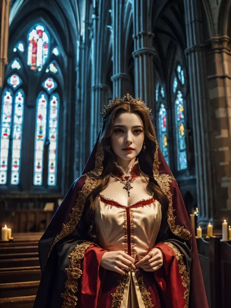 Highest quality　masterpiece　detailed　A very beautiful female Dracula is standing in front of the church　Photo style　Fantasy　Fantasy