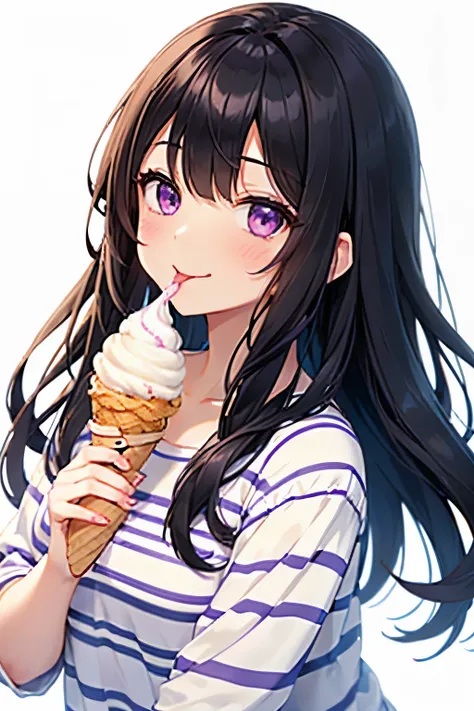 a girl with long hair licking an ice cream cone, while wearing a striped shirt, 1girl, solo, food, ice cream, black hair, long hair, licking, tongue, blush, white background, looking at viewer, purple eyes, simple background, tongue out, bangs, ice cream c...