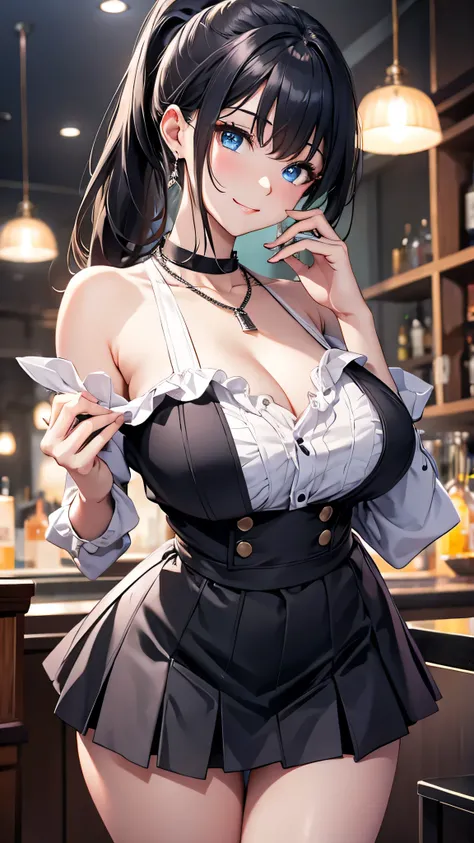 最high quality、Best image quality、masterpiece、and((cute、1、Best Bust、Big Bust、Beautiful Blue Eyes、Spread your chest wide,Black Hair、ponytail、Disheveled Hair、thin、Highest valley、White shirt、smile、necklace、Show the whole body、Black Skirt)）high quality、Beautifu...