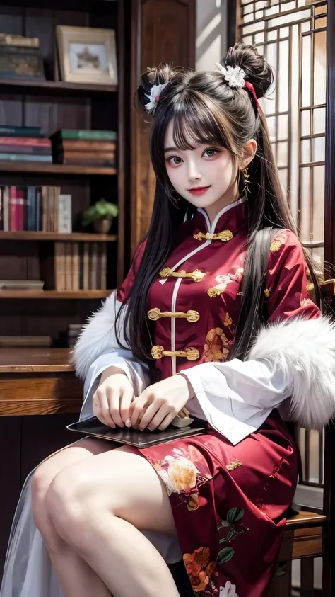 (masterpiece, Highest quality:1.2), Cartoon style character design, 1 girl, alone，Big eyes，Smiling, Two buns hair，China dress，sit on an antique chair, Little panda on lap, (The interior is decorated in a Chinese style with red and vermilion as the main col...