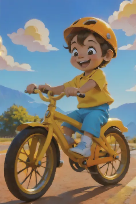 a cute illustration of a young boy riding his bright orange bicycle, smiling joyfully as he pedals through a cheerful, colorful ...