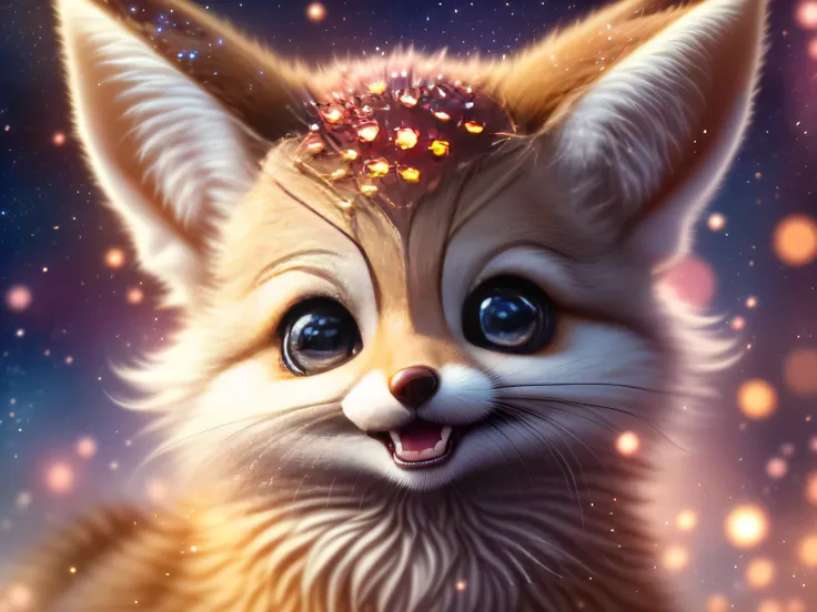close-up photo super cute, big-eyed, with a soft, gentle nose, fluffy, smiling with two teeth, fennec fox on a natural background, realistic, beautiful, sparkles, stars in the eyes, soft volumetric light, (backlight:1.3), (cinematic:1.2), intricate details...