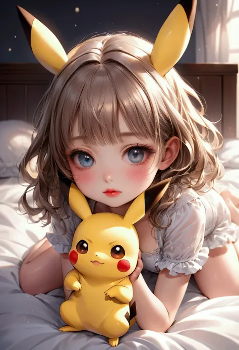 little young girl like a Pokémon pikachu, middle breasts, shy face, fluffy hair, adorable figure, coquettish atmosphere, wariza on bed, beautifully detailed (bangs, eyes, long eyelashes, lips), 