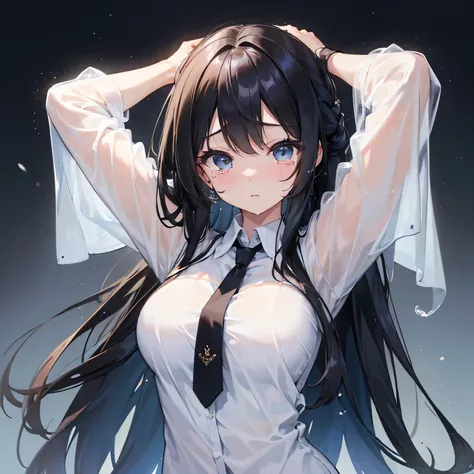 1 girl、）、long hair、highest quality、black hair、、(tears)、big breasts、surprise、、(tie your arms behind your head)、(i&#39;m in a hurr...