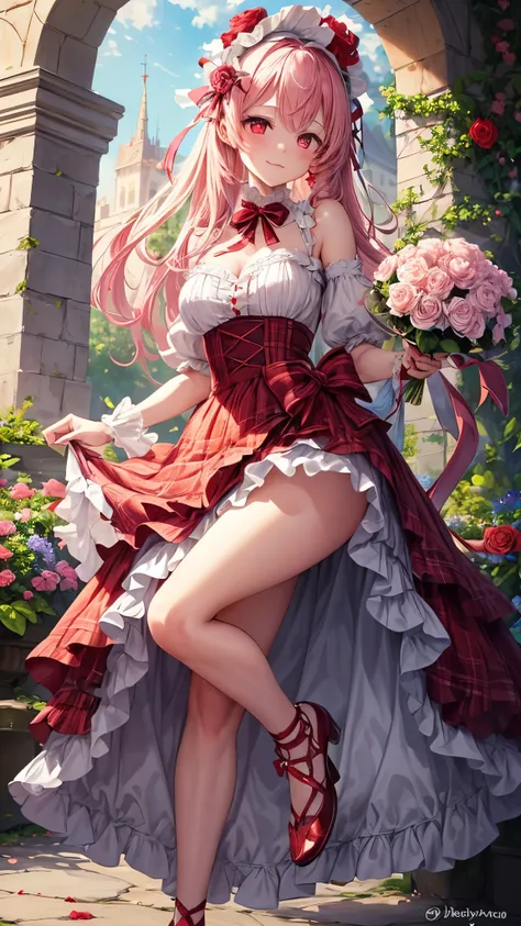 ((Highest quality)), ((masterpiece)), (detailed), One girl, (Large Breasts:0.8)Anime Style、Pink hair color、((Baby Face)),((Fantastic, sparkling red eyes:1.3))、((Embarrassed expression))、Fantastic Background、"Create a romantic, whimsical scene where a chara...