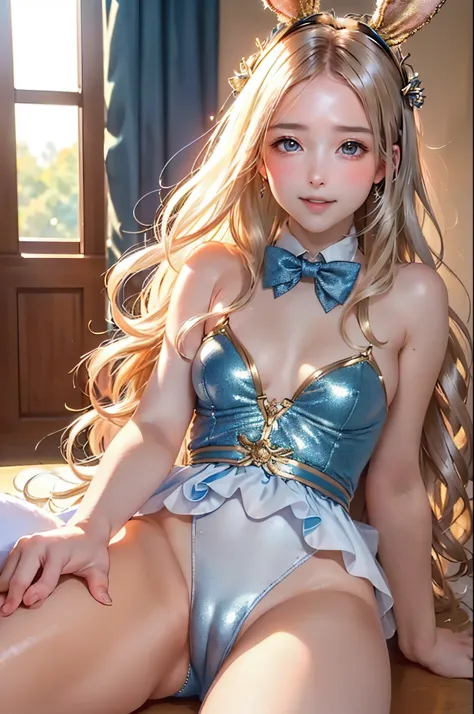 masterpiece, Highest quality, Highly detailed CG Unity 8k wallpaper,((Upper Body)) ,(Upper Body head close-up shot of a beautiful little girl), , Elegant long straight blonde hair, (Mckenna Grace), (Flat Chest,Thighs,Dark Skin,), (Silver-blue) Golden (Spar...