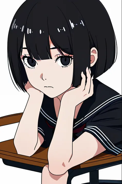 One girl, bob cut, black sailor uniform, black eyes, sitting on school chair, chin resting on hands, blank expression, diagonal front, white background