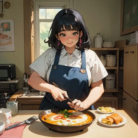 Illustrations for childrens picture books,realistic, detailed illustration,A warm, sunlit kitchen where Ayas young mother is lovingly preparing curry. Shes carefully arranging omelet and vibrant vegetables. In a smaller, inset image in the corner, The scen...